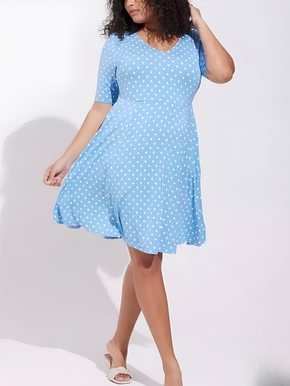 Torrid Light Blue Polka Dot V-Neck Swing Dress